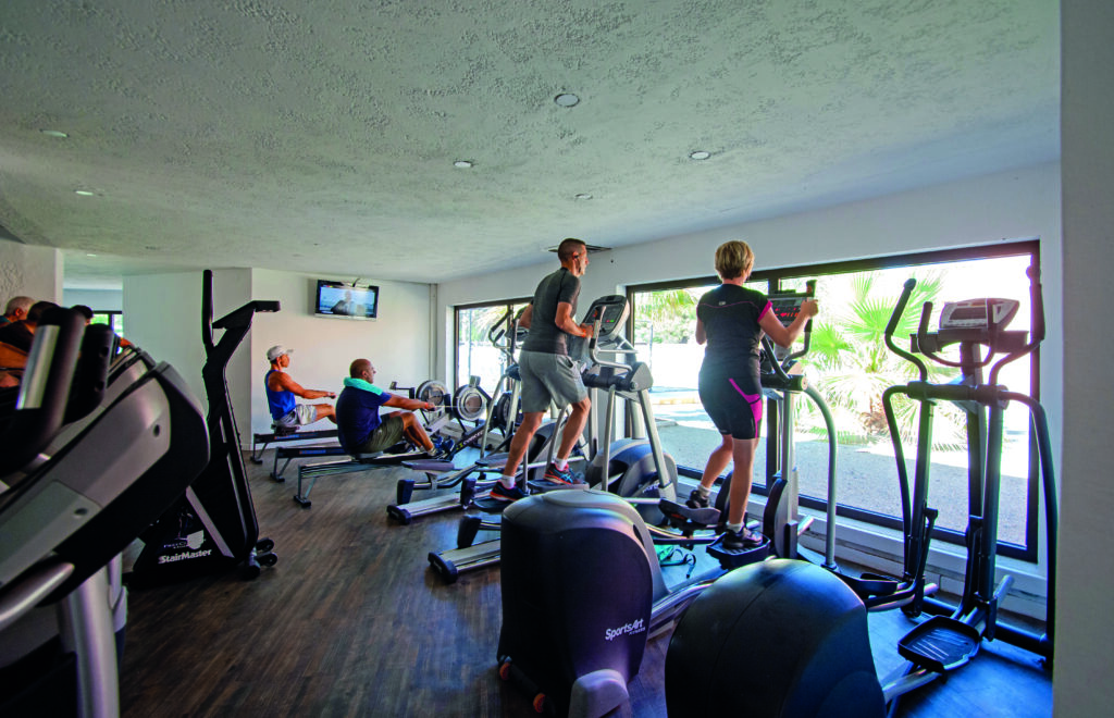 De fitnessruimte van Oasis Village in Puget-sur-Argens, met crosstrainers en roeimachines tegenover het erkerraam