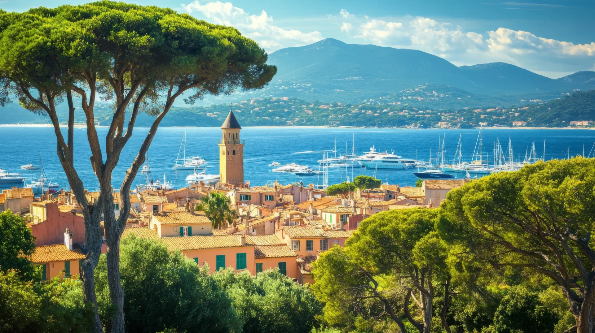 Vue sur le clocher et le vieux port de Saint-Tropez, à visiter lors de votre camping sur la Côte d’Azur