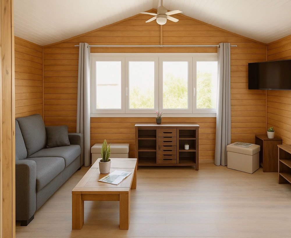 Helles Wohnzimmer in einem voll ausgestatteten Familienchalet